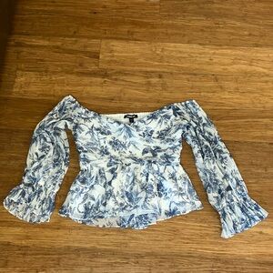 Express XS Blue and White Floral On/Off Shoulder Top